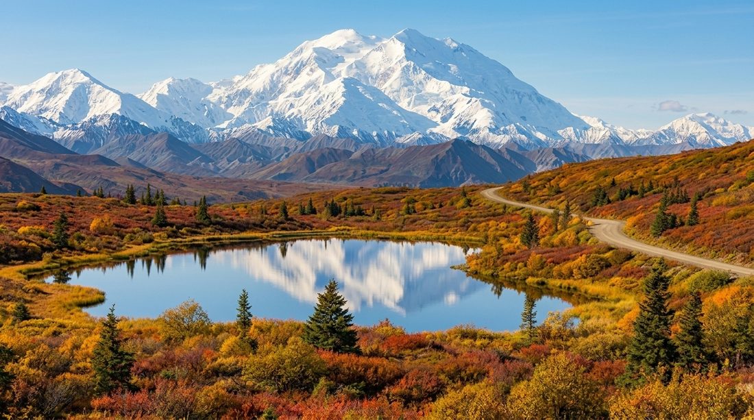 Denali reflected in an alpine lake in fall