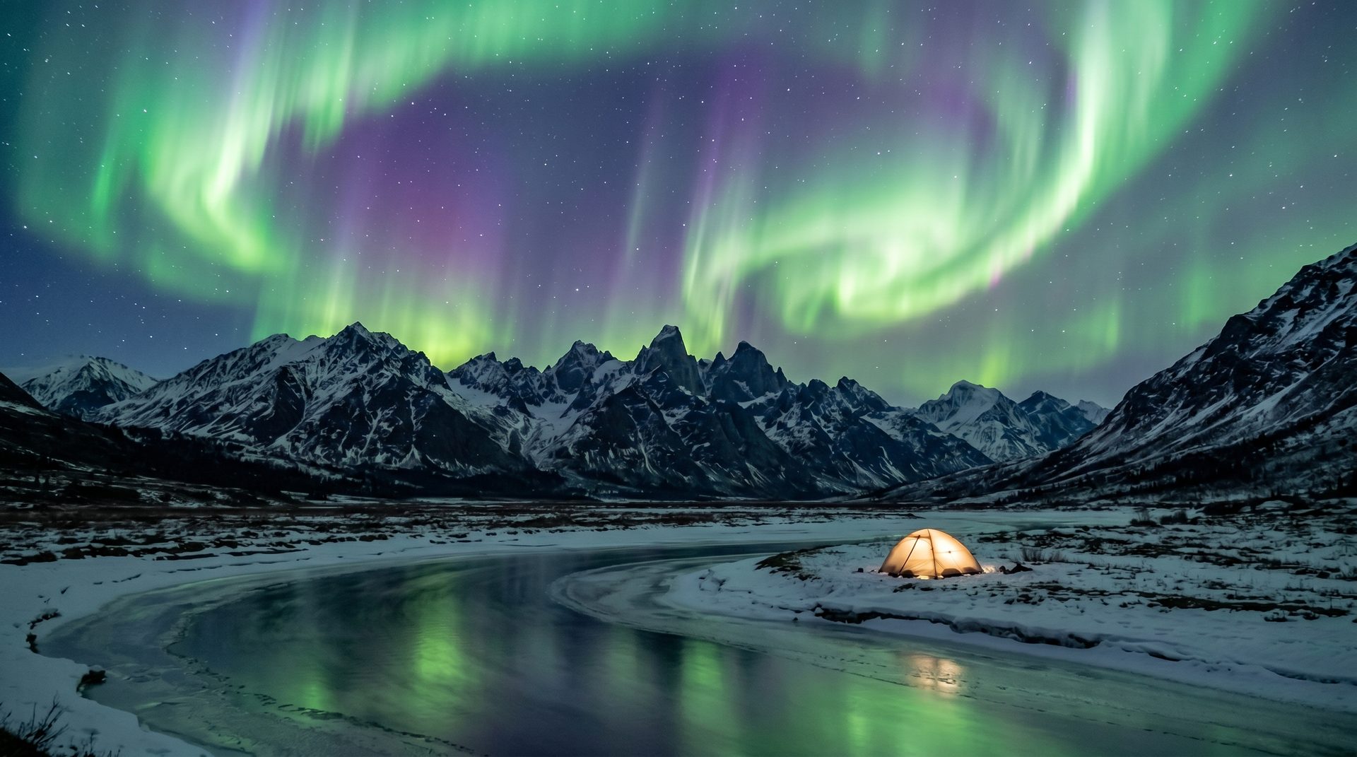 Northern lights over Alaskan mountains