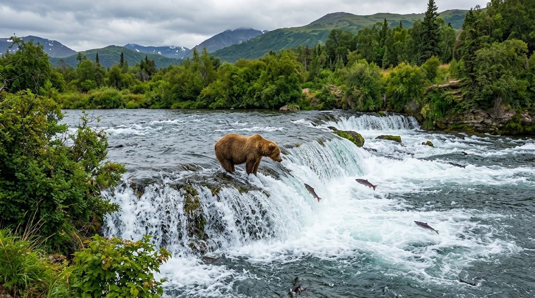 Brown bear catching salmon at waterfall
